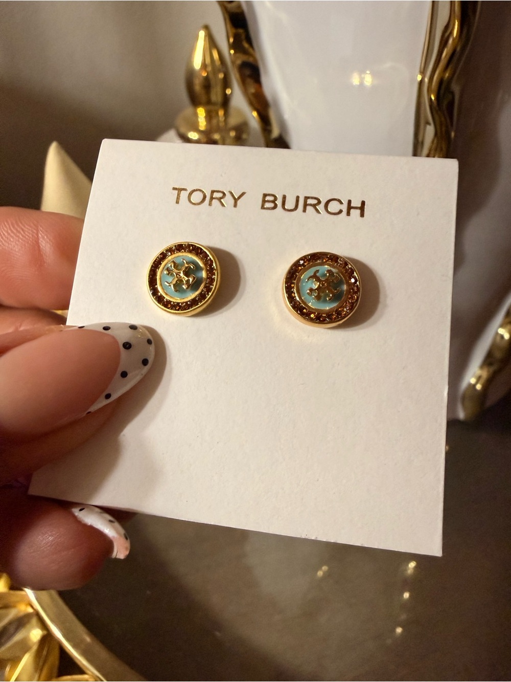 Tory Burch Gold/Copper and Turquoise Enamel Logo Studs